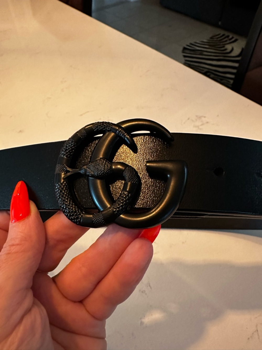 Designer Black Leather Belt with Matte Double G Snake Buckle